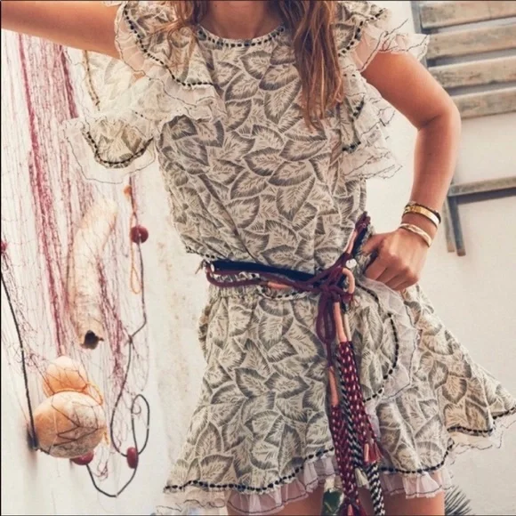 LoveShackFancy Celeste Top Moroccan Leaf Cream black ruffle sleeve - Picture 1 of 13